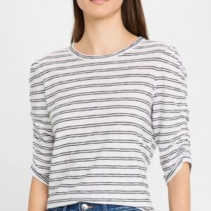 Veronica Beard Waldorf Ruched Sleeve Tee M White Black Stripe Cotton Slub $178